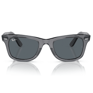 Gafas Sol Ray-Ban Wayfarer RB2140 6773R5 marco gris traslúcido lentes color azul.