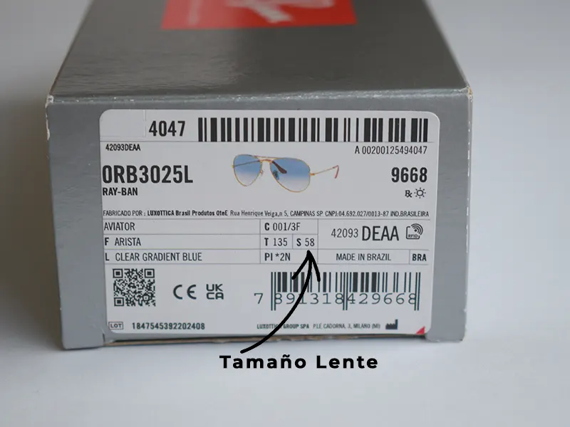 etiqueta caja ray ban tamaño lente